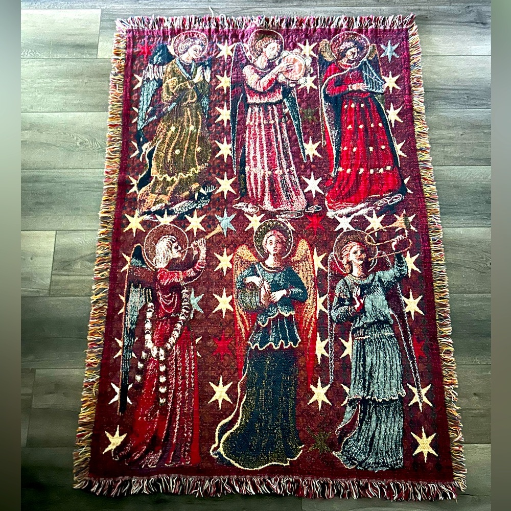 Vtg Angels playing Instruments Tapestry Throw Blanket (Large)